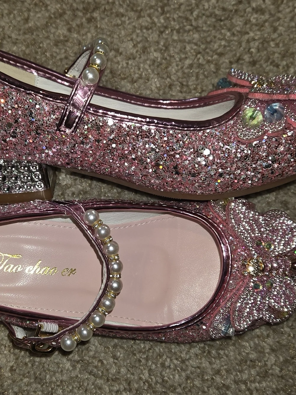 Pink Glitter Butterfly Pearl Mary Jane Kids Shoes